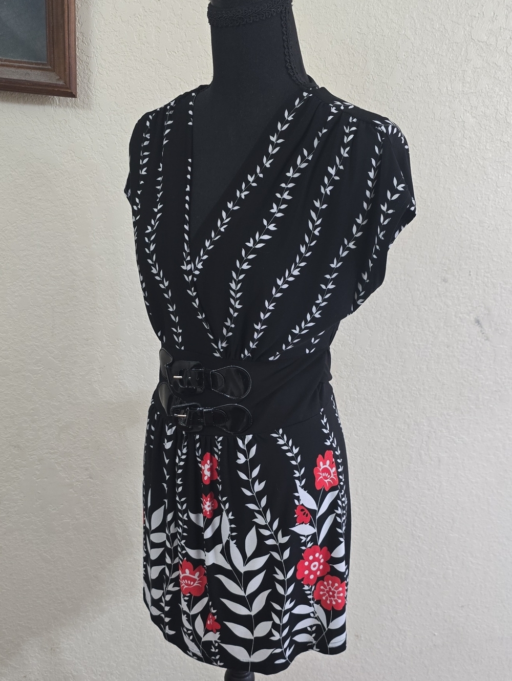 Black Floral Wrap Blouse with Red Accents
